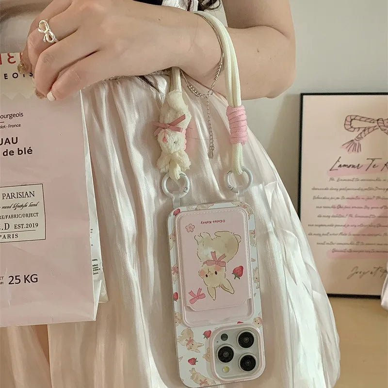 Cute Strawberry Rabbit Card Bag Phone Case with Strap – Silicone Cover for iPhone 11-15 Series