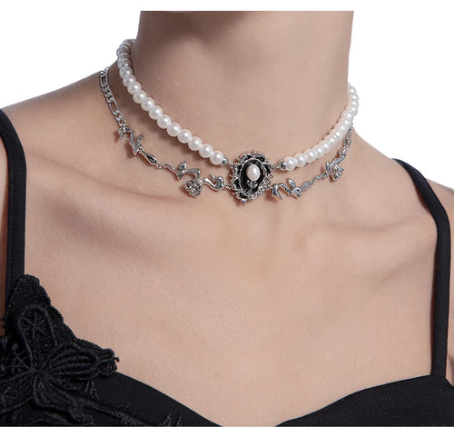 MASW Retro Simulated Pearl Flower Choker Necklace – Black Charm Luxury Jewellery for Women