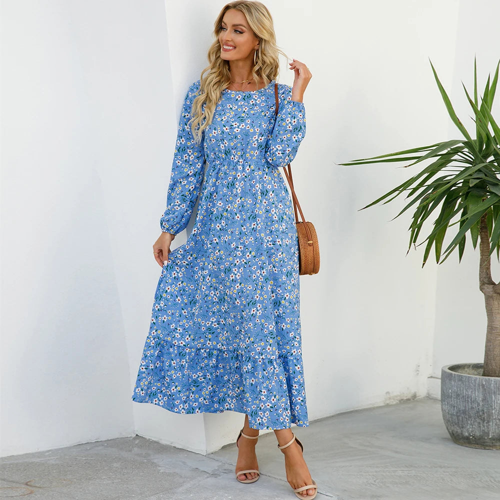 Women’s Boho Floral Chiffon Maxi Dress – Long Sleeve, High Waist