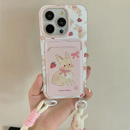 Cute Strawberry Rabbit Card Bag Phone Case with Strap – Silicone Cover for iPhone 11-15 Series