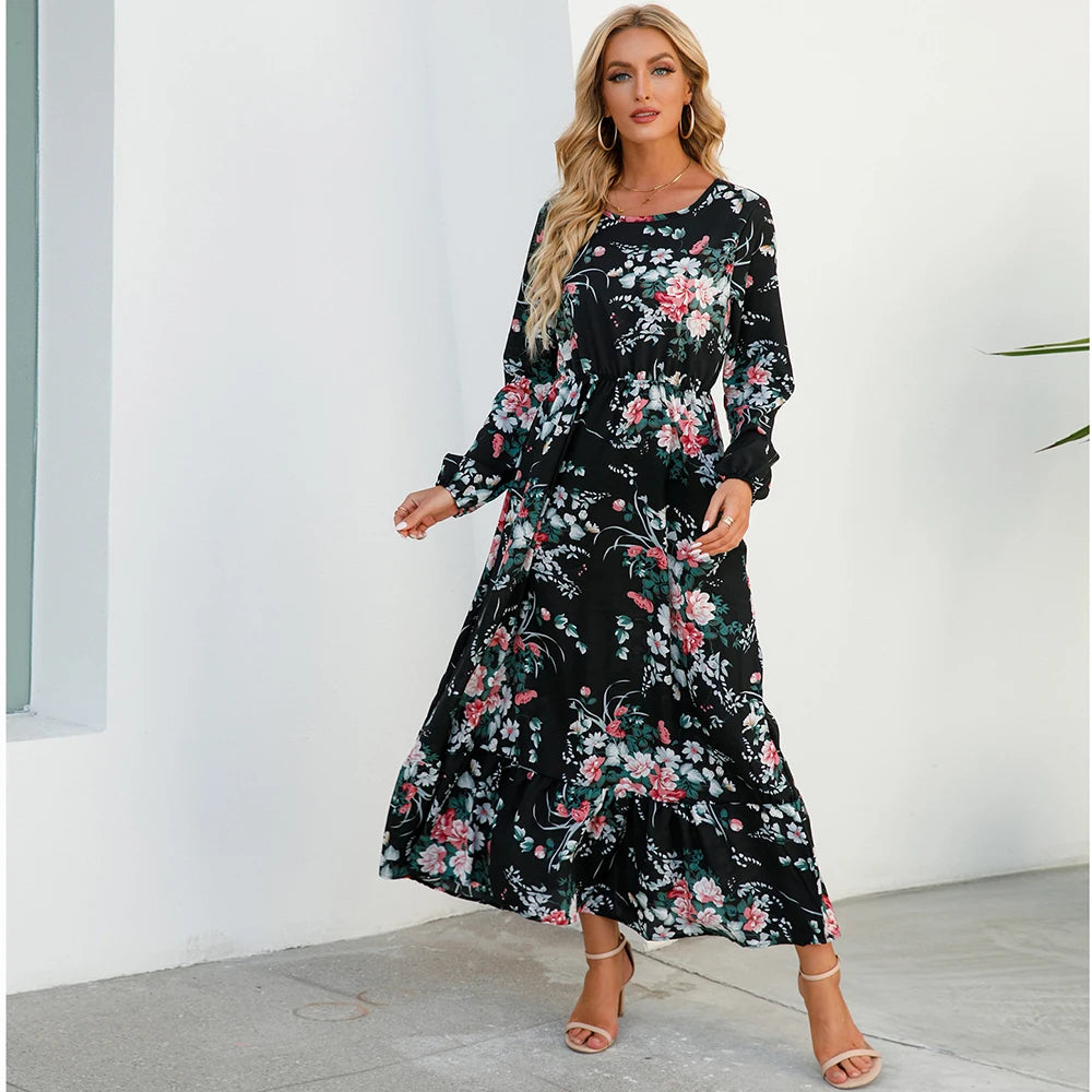 Women’s Boho Floral Chiffon Maxi Dress – Long Sleeve, High Waist