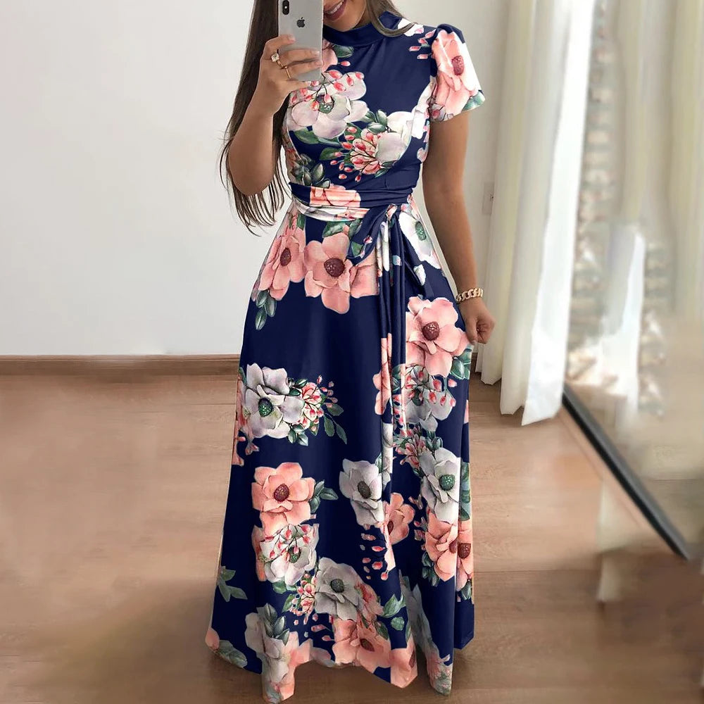 Women’s Boho Floral Maxi Dress – Short Sleeve, High Waist, Flowy Summer Style