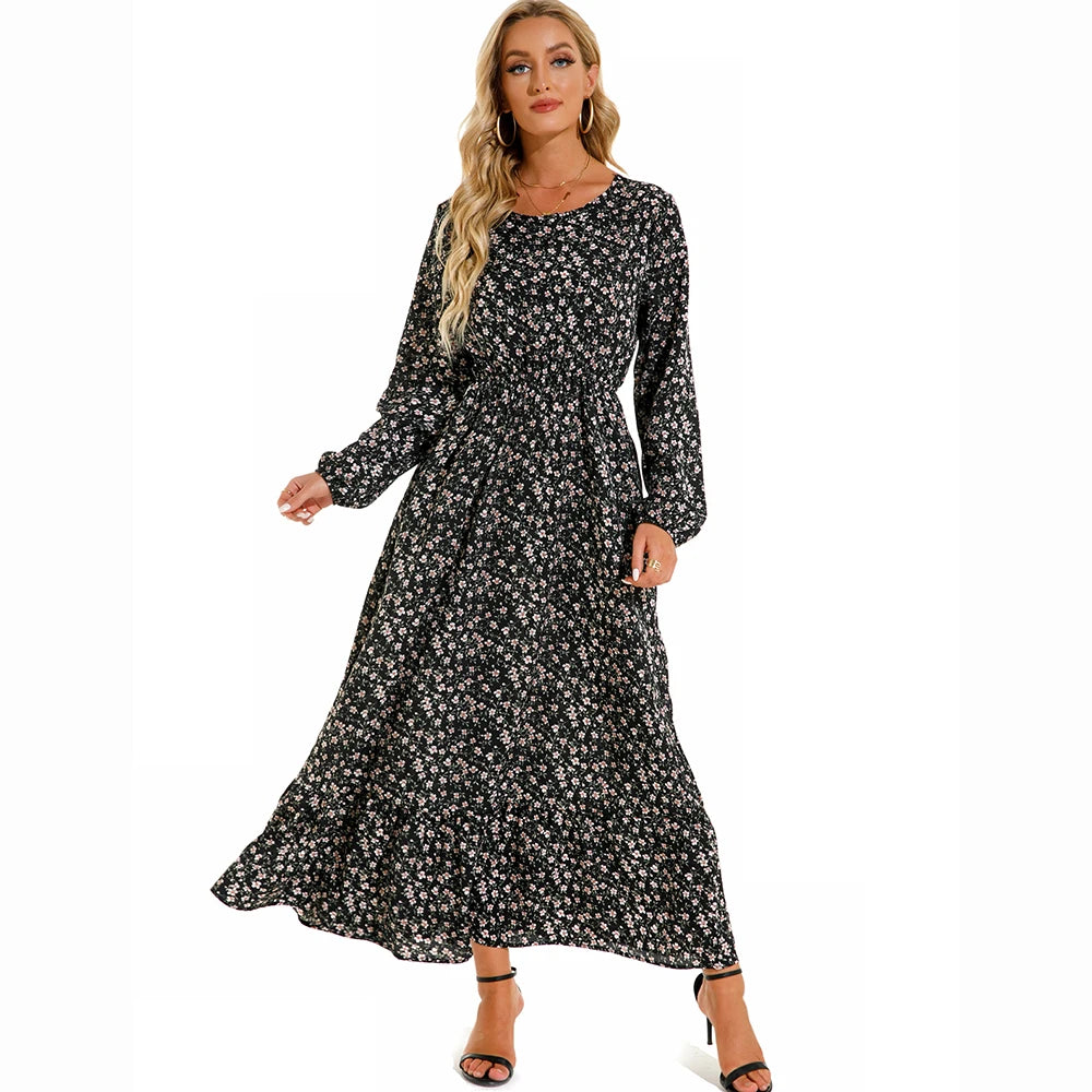 Women’s Boho Floral Chiffon Maxi Dress – Long Sleeve, High Waist