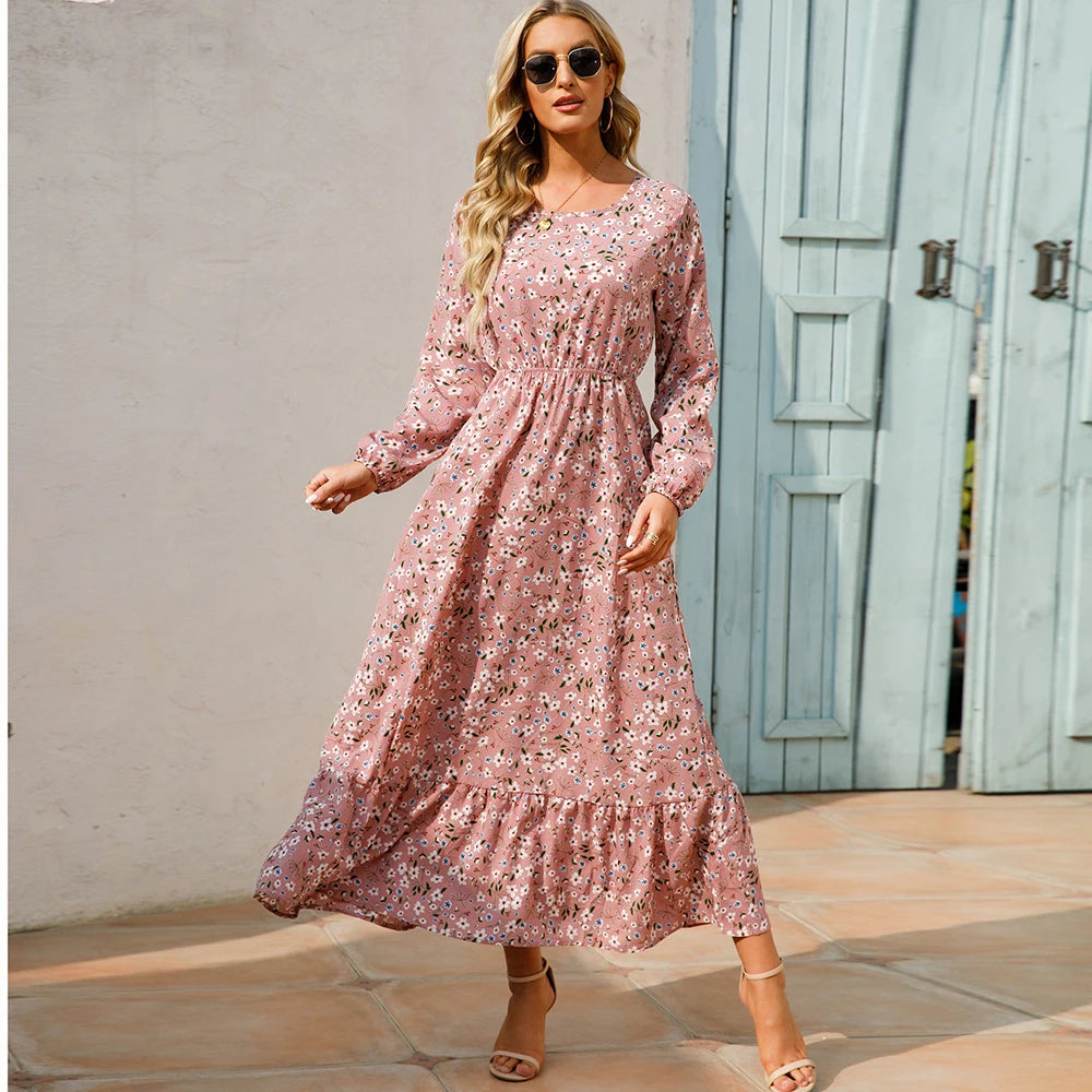 Women’s Boho Floral Chiffon Maxi Dress – Long Sleeve, High Waist