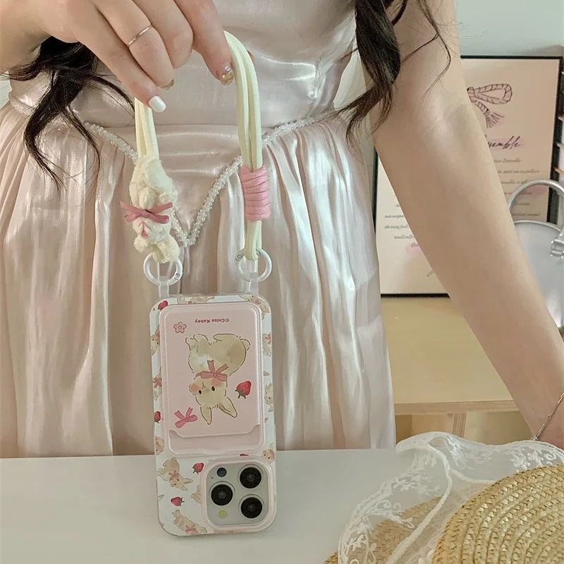 Cute Strawberry Rabbit Card Bag Phone Case with Strap – Silicone Cover for iPhone 11-15 Series