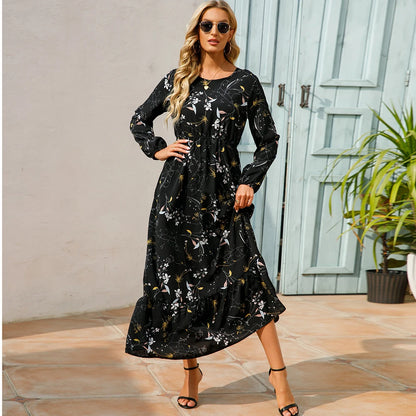 Women’s Boho Floral Chiffon Maxi Dress – Long Sleeve, High Waist