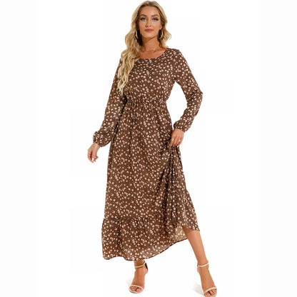 Women’s Boho Floral Chiffon Maxi Dress – Long Sleeve, High Waist