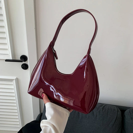 Designer Retro Wine Red Patent Leather Shoulder Bag – French-Style Crescent Handbag