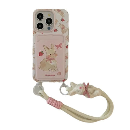 Cute Strawberry Rabbit Card Bag Phone Case with Strap – Silicone Cover for iPhone 11-15 Series