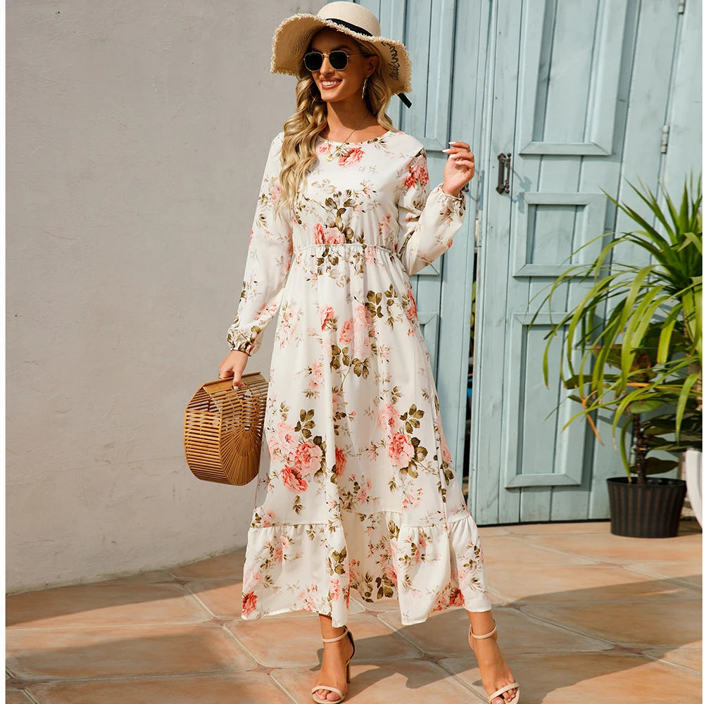 Women’s Boho Floral Chiffon Maxi Dress – Long Sleeve, High Waist