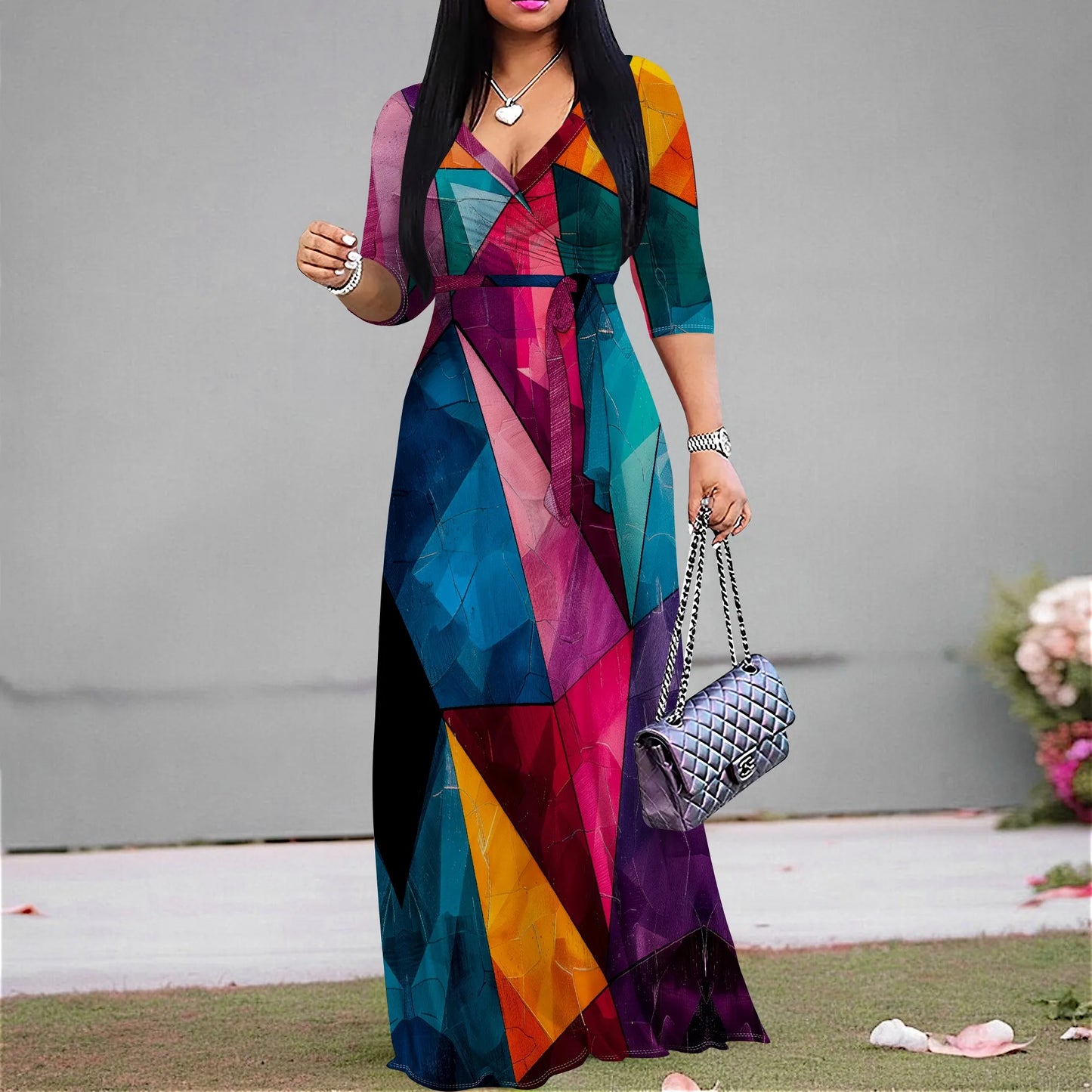 Women’s Plus Size V-Neck Maxi Sundress with 3/4 Sleeves