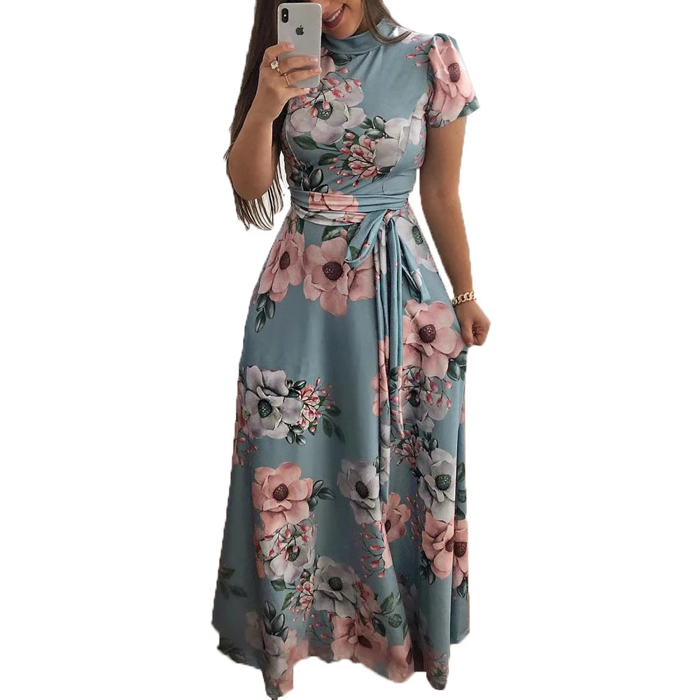Women’s Boho Floral Maxi Dress – Short Sleeve, High Waist, Flowy Summer Style