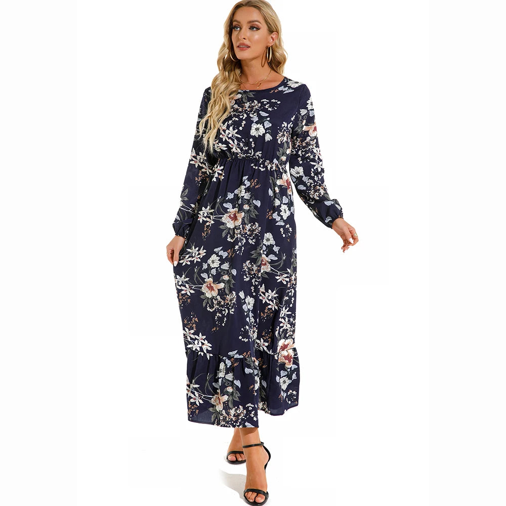 Women’s Boho Floral Chiffon Maxi Dress – Long Sleeve, High Waist