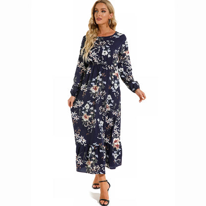 Women’s Boho Floral Chiffon Maxi Dress – Long Sleeve, High Waist