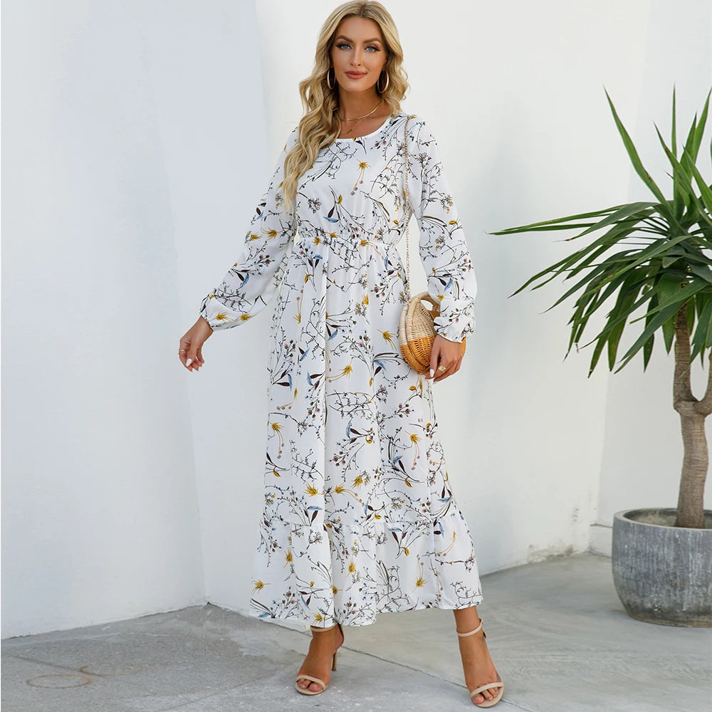 Women’s Boho Floral Chiffon Maxi Dress – Long Sleeve, High Waist