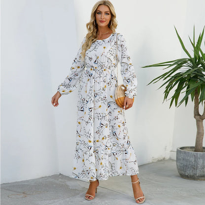 Women’s Boho Floral Chiffon Maxi Dress – Long Sleeve, High Waist