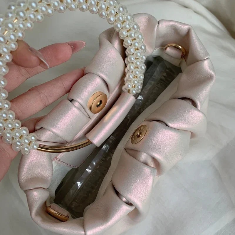 Women’s Luxury Pearl Handle Dinner Clutch – Elegant Square Shoulder & Messenger Handbag