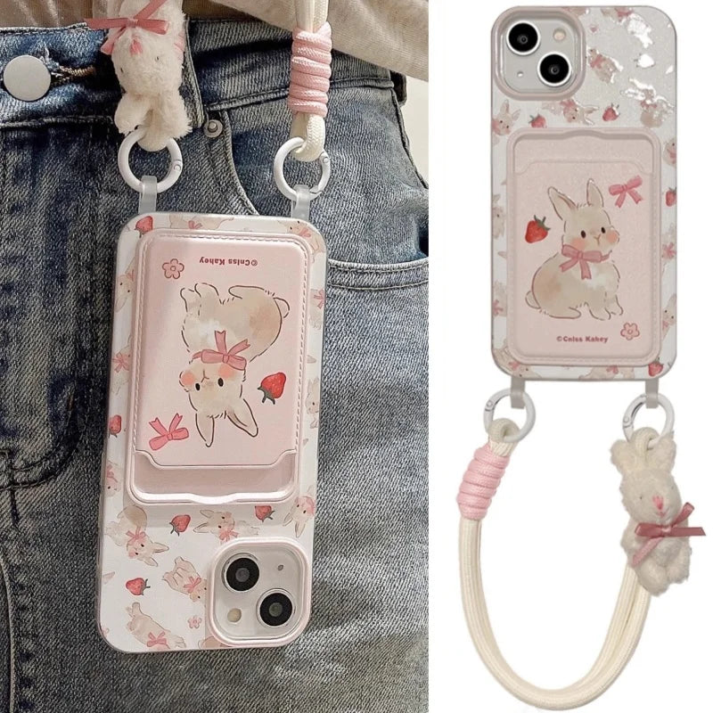 Cute Strawberry Rabbit Card Bag Phone Case with Strap – Silicone Cover for iPhone 11-15 Series