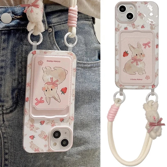 Cute Strawberry Rabbit Card Bag Phone Case with Strap – Silicone Cover for iPhone 11-15 Series