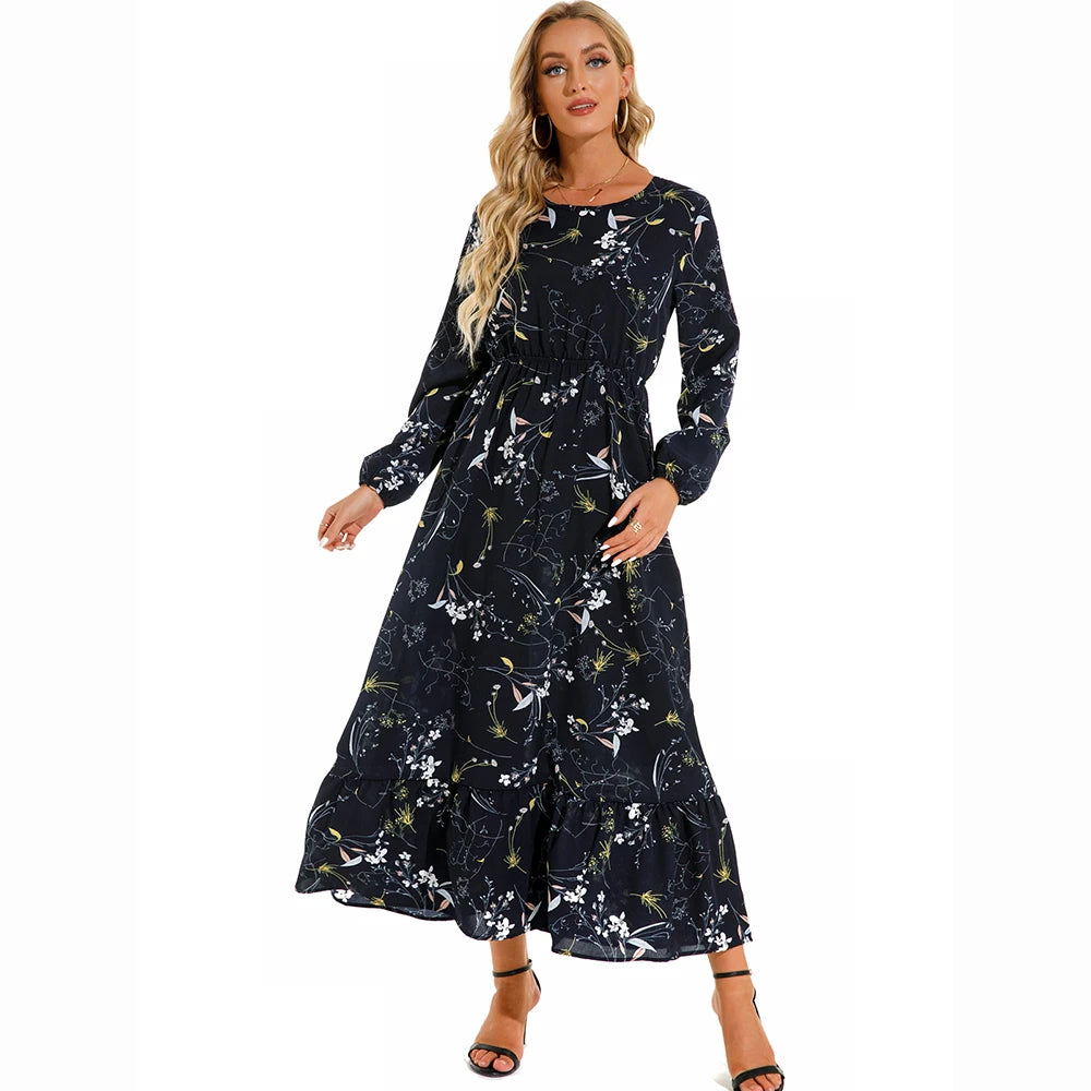 Women’s Boho Floral Chiffon Maxi Dress – Long Sleeve, High Waist