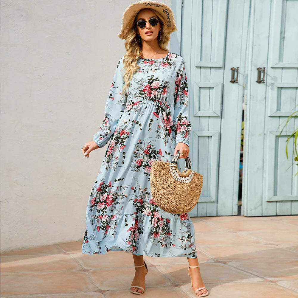 Women’s Boho Floral Chiffon Maxi Dress – Long Sleeve, High Waist