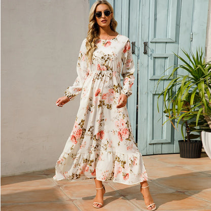 Women’s Boho Floral Chiffon Maxi Dress – Long Sleeve, High Waist