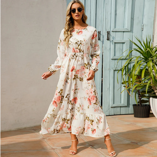 Women’s Boho Floral Chiffon Maxi Dress – Long Sleeve, High Waist