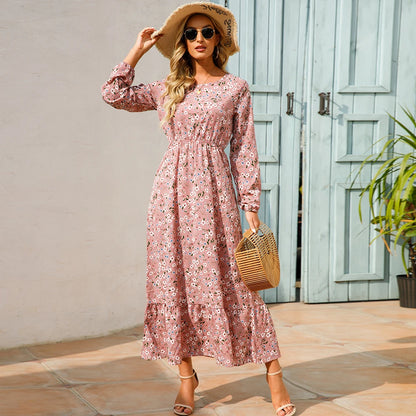 Women’s Boho Floral Chiffon Maxi Dress – Long Sleeve, High Waist