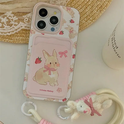 Cute Strawberry Rabbit Card Bag Phone Case with Strap – Silicone Cover for iPhone 11-15 Series