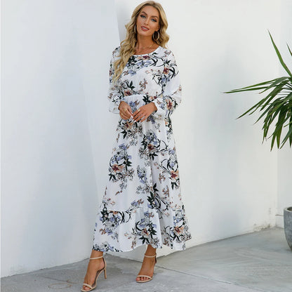 Women’s Boho Floral Chiffon Maxi Dress – Long Sleeve, High Waist