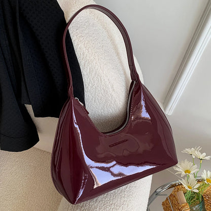 Designer Retro Wine Red Patent Leather Shoulder Bag – French-Style Crescent Handbag