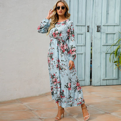 Women’s Boho Floral Chiffon Maxi Dress – Long Sleeve, High Waist