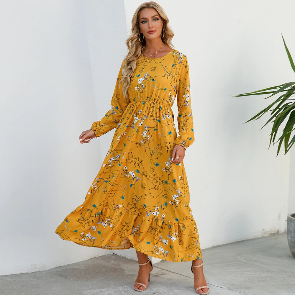 Women’s Boho Floral Chiffon Maxi Dress – Long Sleeve, High Waist